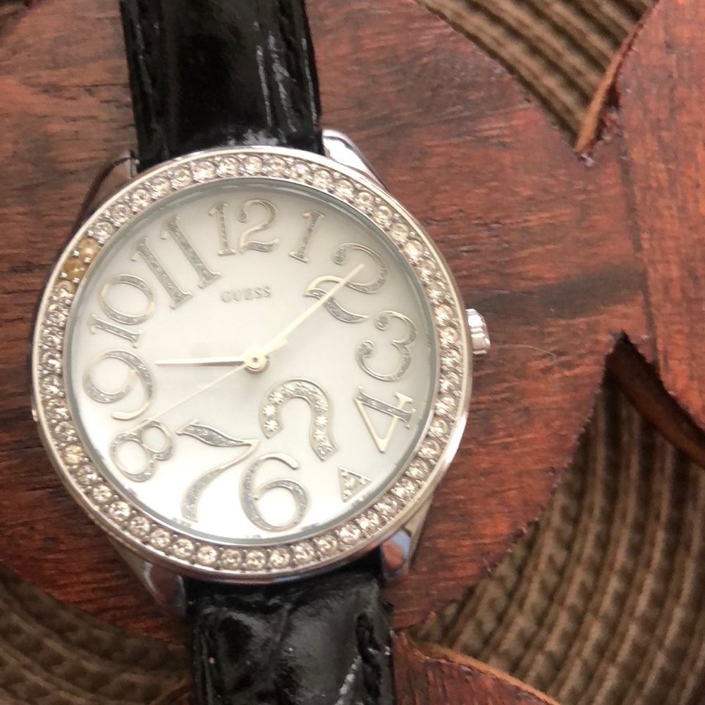 Guess Silver-Tone Watch with Black Strap
